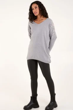 Embellished Shoulder V Neck Jumper