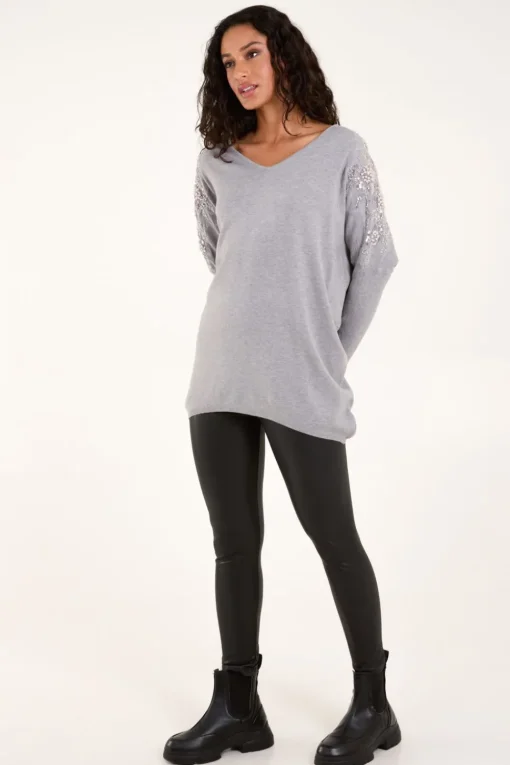 Embellished Shoulder V Neck Jumper