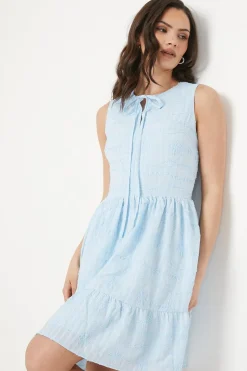 Embroidered Cotton Tie Neckline Tiered Mini Dress