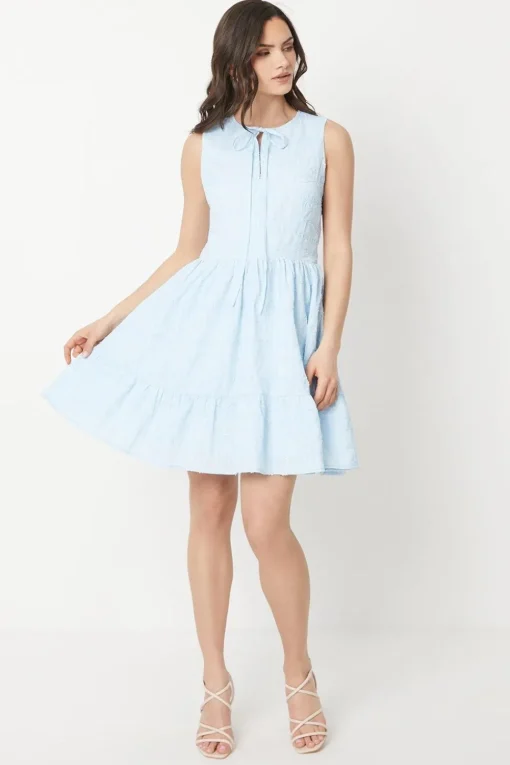 Embroidered Cotton Tie Neckline Tiered Mini Dress