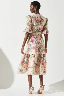 Embroidered Printed Tiered Dress