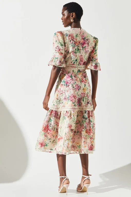 Embroidered Printed Tiered Dress