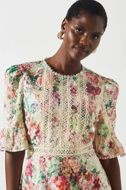 Embroidered Printed Tiered Dress