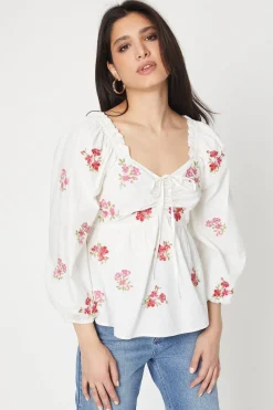 Embroidered Ruched Front Blouse