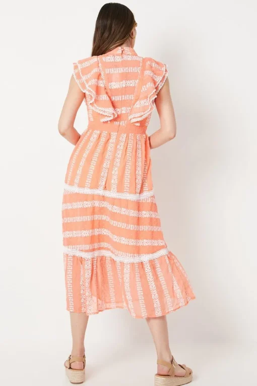 Embroidered Ruffle Detail Tiered Midi Dress