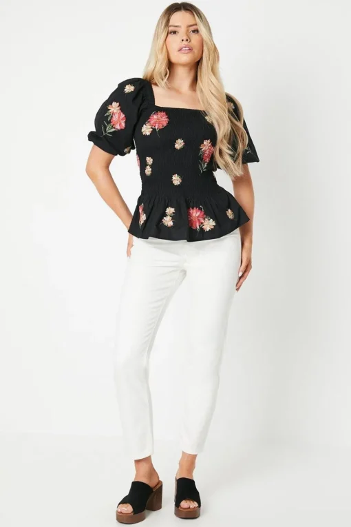 Embroidered Shirred Bodice Blouse