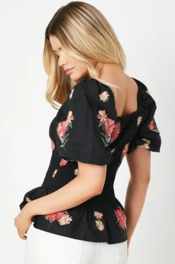 Embroidered Shirred Bodice Blouse