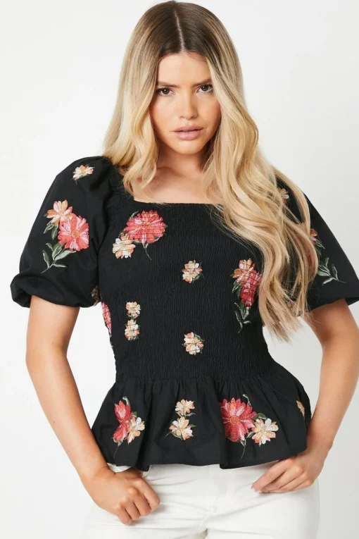 Embroidered Shirred Bodice Blouse