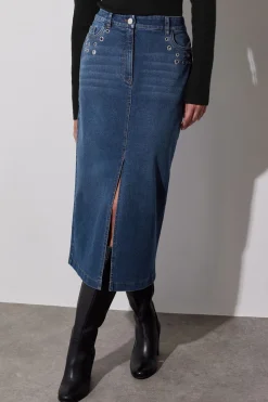 Eyelet Midi Denim Skirt