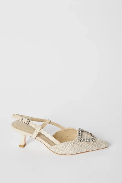 Faith: Cassidy Woven Textile Jewelled Brooch Detail Slingback Court Shoes