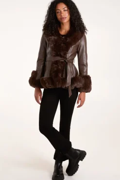 Faux Fur PU Coat With Belt
