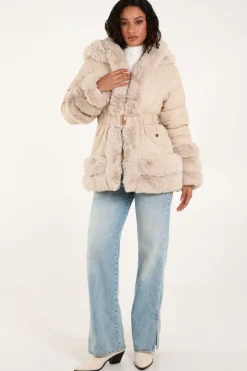 Faux Fur Trim Belted Puffer Coat