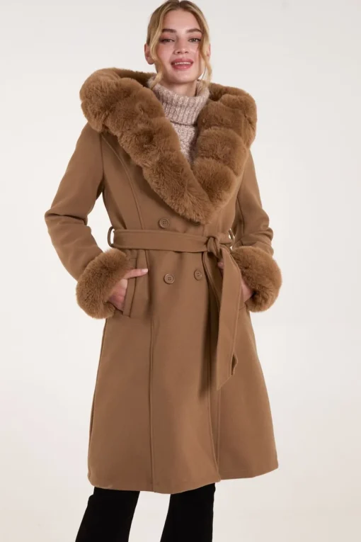 Faux Fur Trim Double Breasted Coat