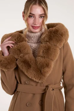 Faux Fur Trim Double Breasted Coat