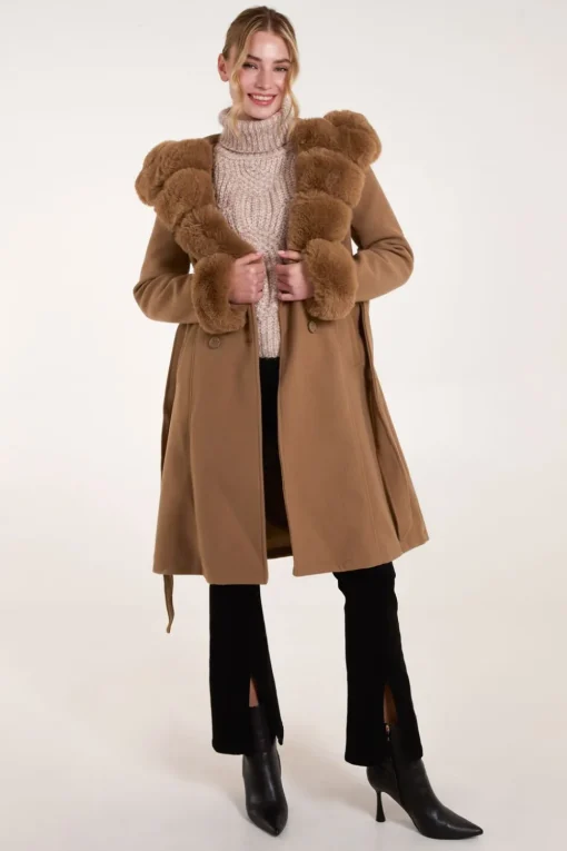 Faux Fur Trim Double Breasted Coat