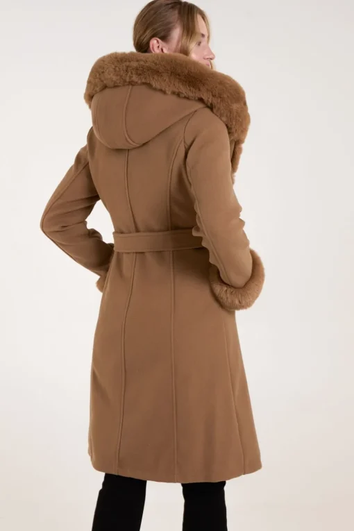 Faux Fur Trim Double Breasted Coat