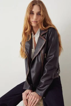 Faux Leather Contrast Trim Biker