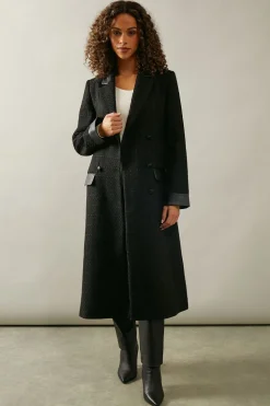 Faux Leather Detail Wool Belted Coat