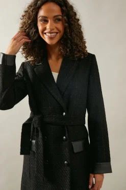 Faux Leather Detail Wool Belted Coat