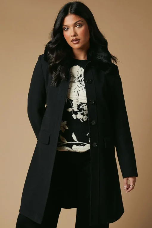 Faux Wool Button Through Dolly Coat With Fur