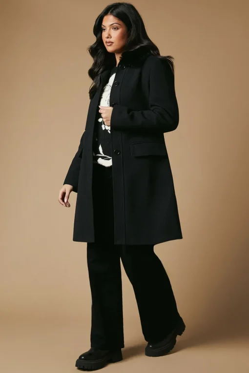 Faux Wool Button Through Dolly Coat With Fur