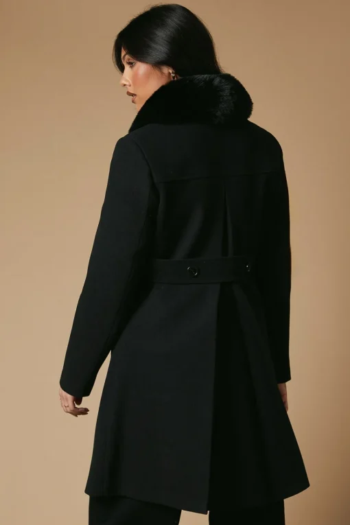 Faux Wool Button Through Dolly Coat With Fur