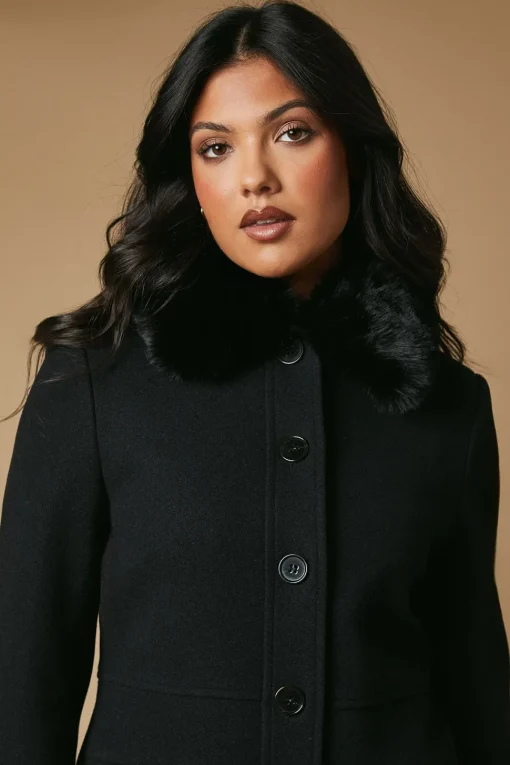 Faux Wool Button Through Dolly Coat With Fur