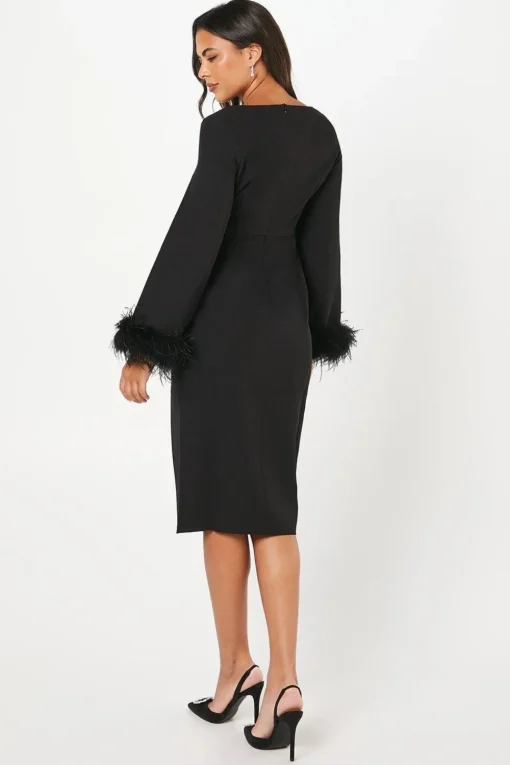 Feather Cuff Long Sleeve Pencil Dress