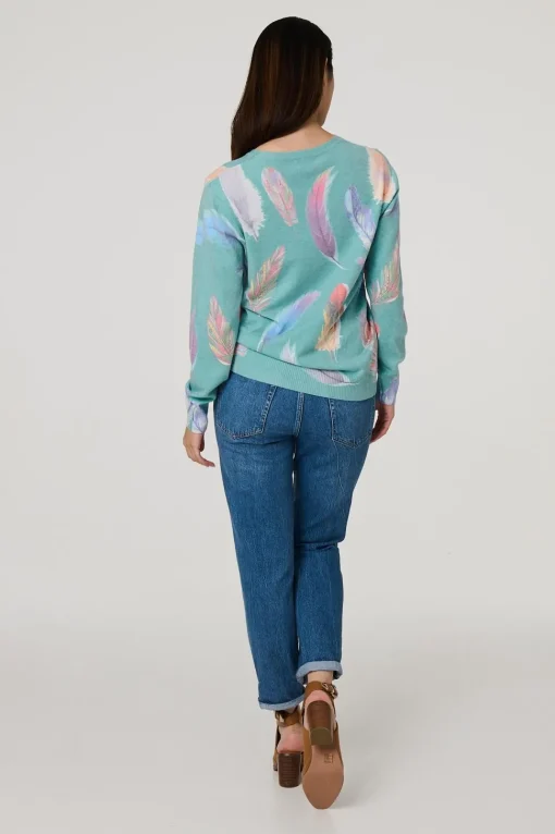 Feather Print Diamante Detail Jumper