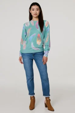 Feather Print Diamante Detail Jumper