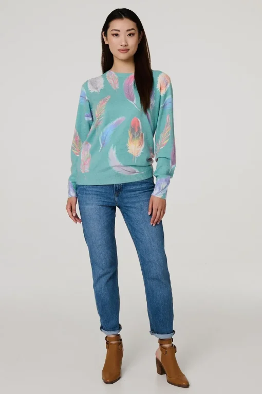 Feather Print Diamante Detail Jumper