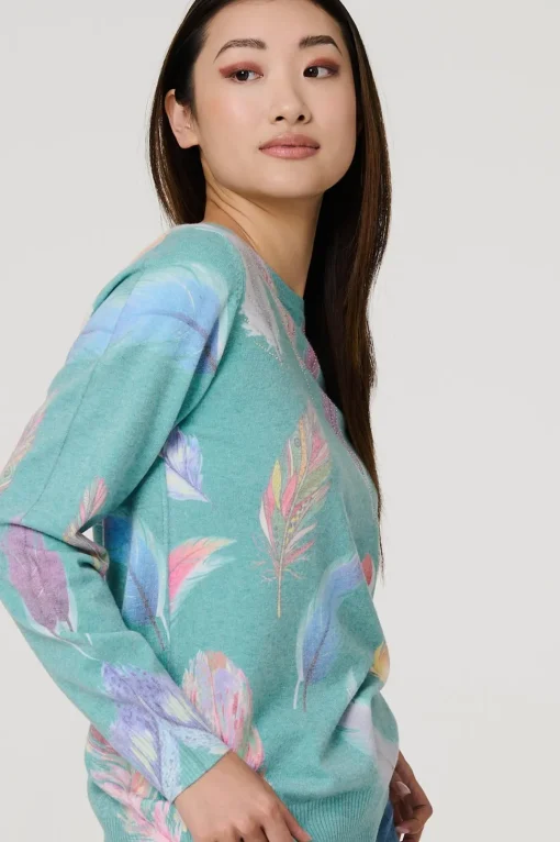 Feather Print Diamante Detail Jumper