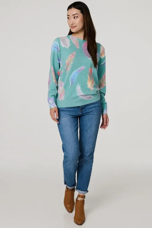 Feather Print Diamante Detail Jumper
