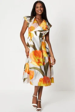 Fixed Wrap Ruffle Sleeve Jacquard Midi Dress