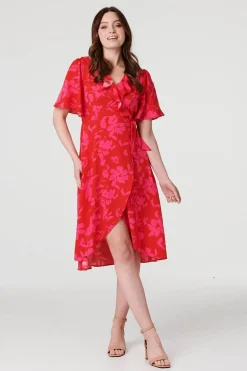 Floral 1/2 Flare Sleeve Wrap Dress