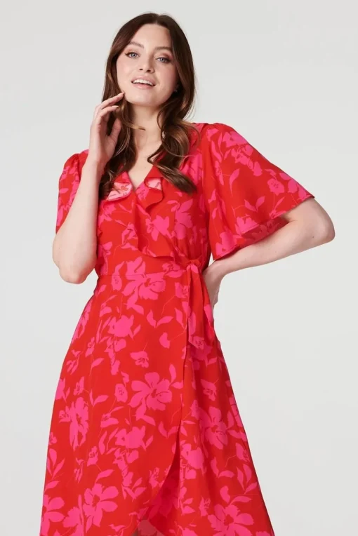 Floral 1/2 Flare Sleeve Wrap Dress