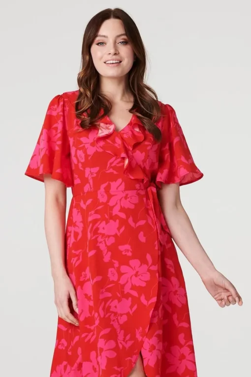 Floral 1/2 Flare Sleeve Wrap Dress
