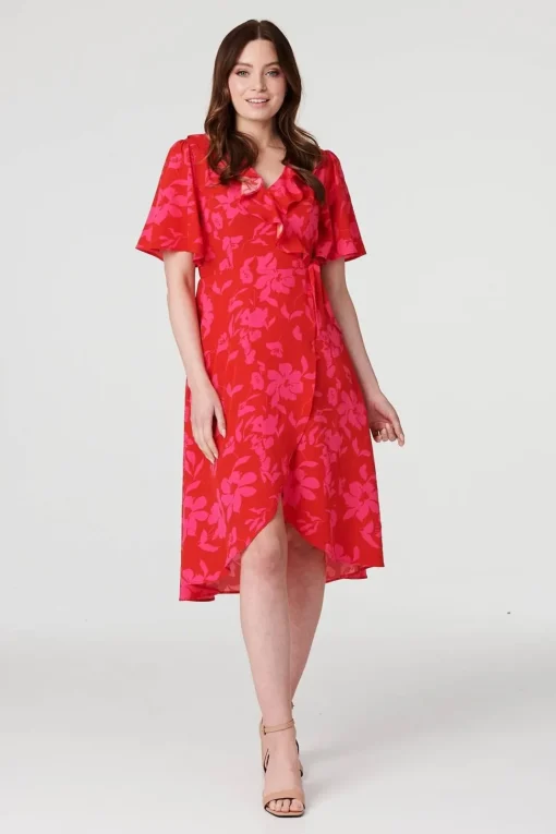 Floral 1/2 Flare Sleeve Wrap Dress