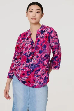 Floral 3/4 Sleeve Collarless Blouse