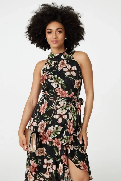 Floral Asymmetric Halter Neck Midi Dress
