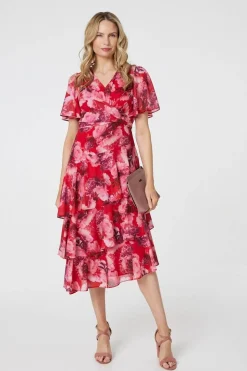 Floral Asymmetric Ruffled Midi Dress