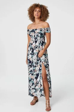 Floral Bardot Shirred Maxi Dress