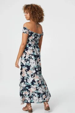 Floral Bardot Shirred Maxi Dress