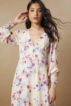 Floral Button Long Sleeve Midi Dress