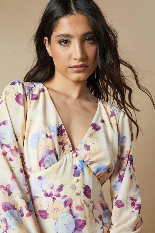Floral Button Long Sleeve Midi Dress