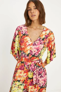 Floral Crinkle Angel Sleeve Jumpsuit