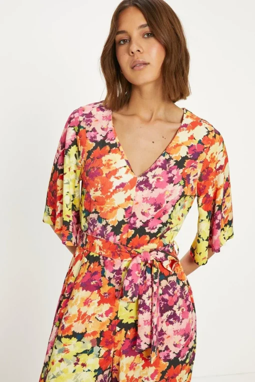 Floral Crinkle Angel Sleeve Jumpsuit