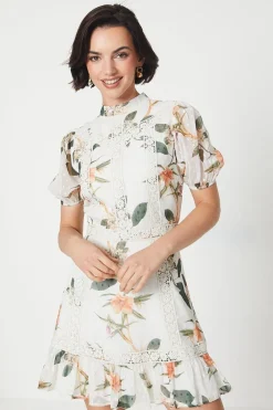 Floral Dobby Chiffon Lace Trim Mini Dress