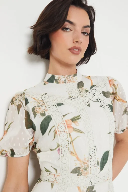 Floral Dobby Chiffon Lace Trim Mini Dress