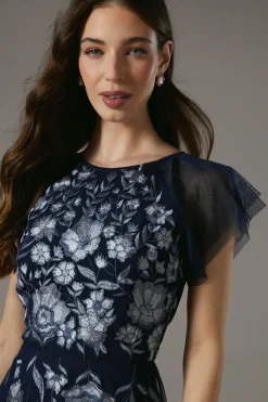 Floral Embroidered And Beaded Flutter Sleeve Maxi Dress